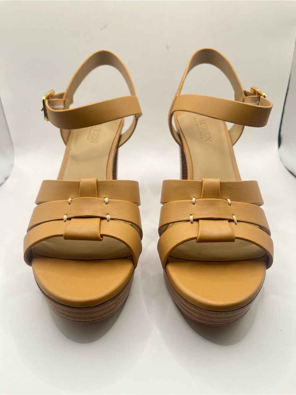 Lauren Ralph Lauren Sofia New Womens 6.5 Tan Leather Platform Block Heel Sandals - Picture 2 of 13